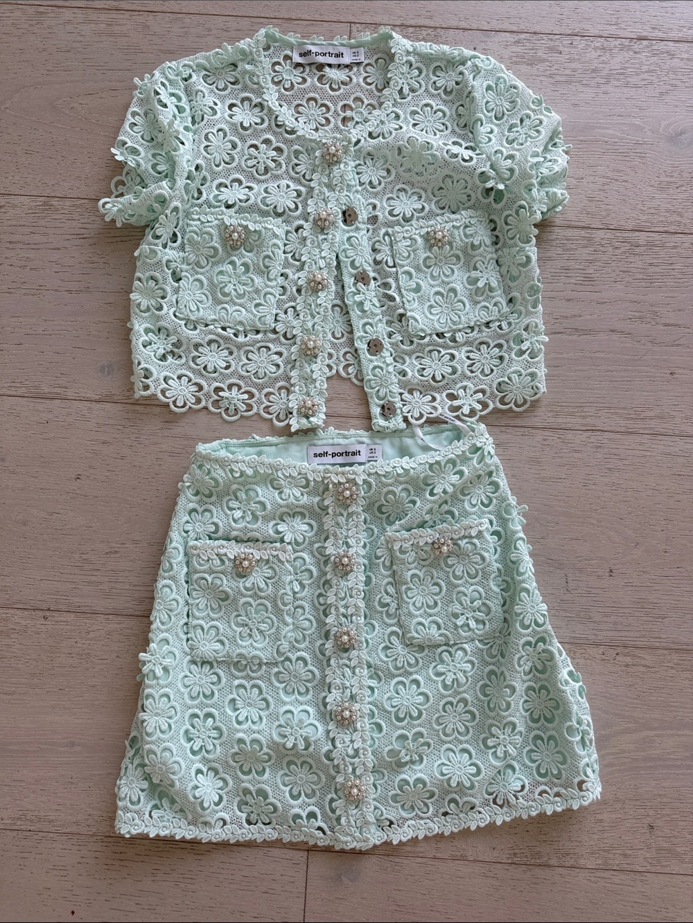 Self-Portrait Mint Floral Lace Crop Jacket & Skirt Set